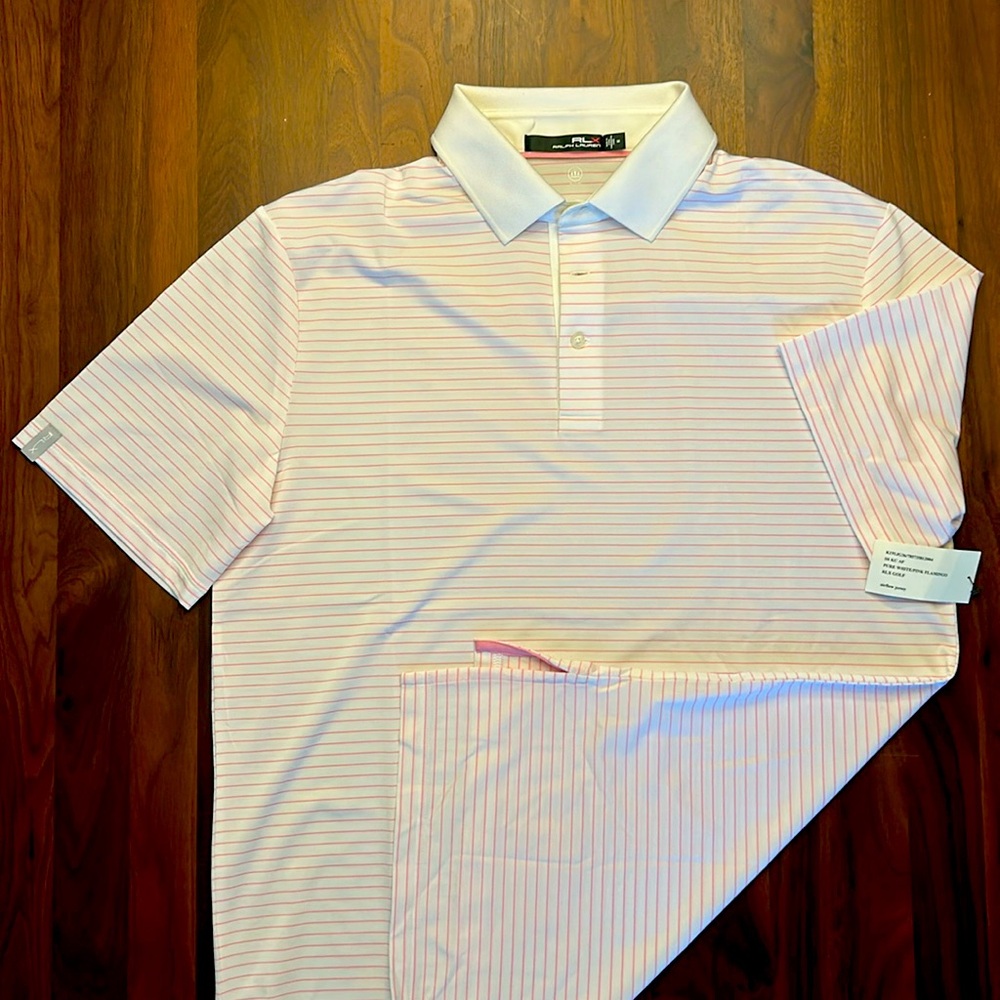 NWT - Men’s RLX Ralph Lauren Golf Polo - Pure White/Flamingo Pink - Size M